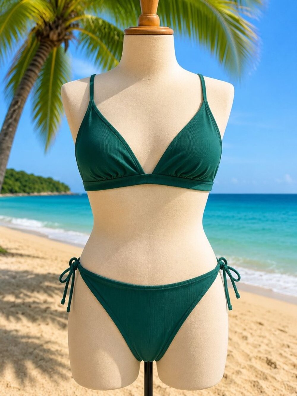Shade & Shore XL 16 Green Triangle Bikini Set With Tie Side Bottoms Ribbed Textu